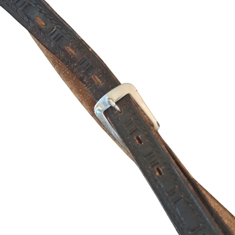Vintage Leather Tooled Skinny Belt XS-S Basket Weave Western Pattern Black